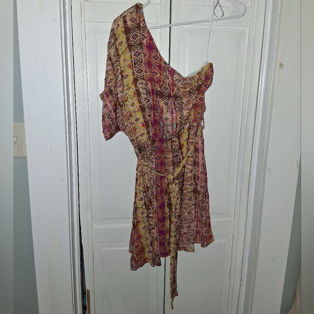 Savanna Jane One-Shoulder Romper in Mustard and Burgundy Print